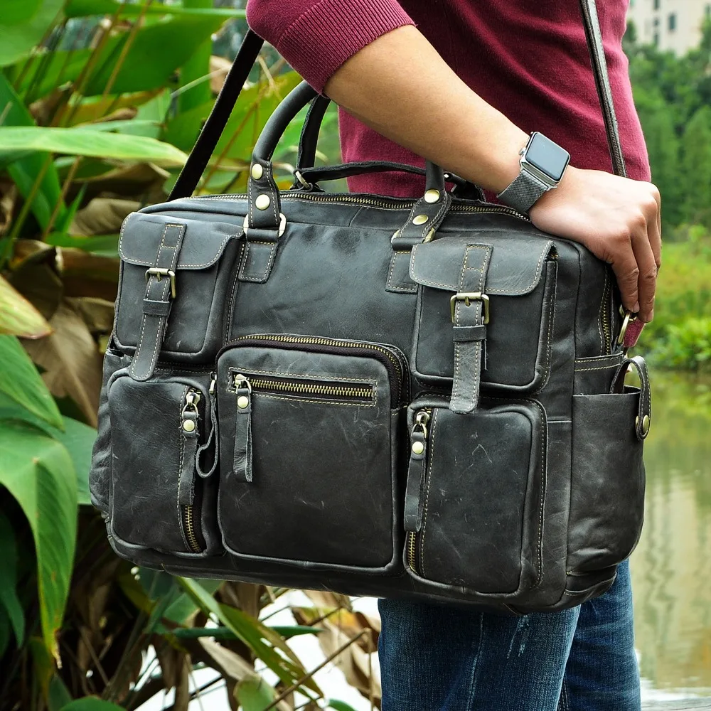 Men Real Leather Antique Large Capacity Travel Briefcase Business 15.6\