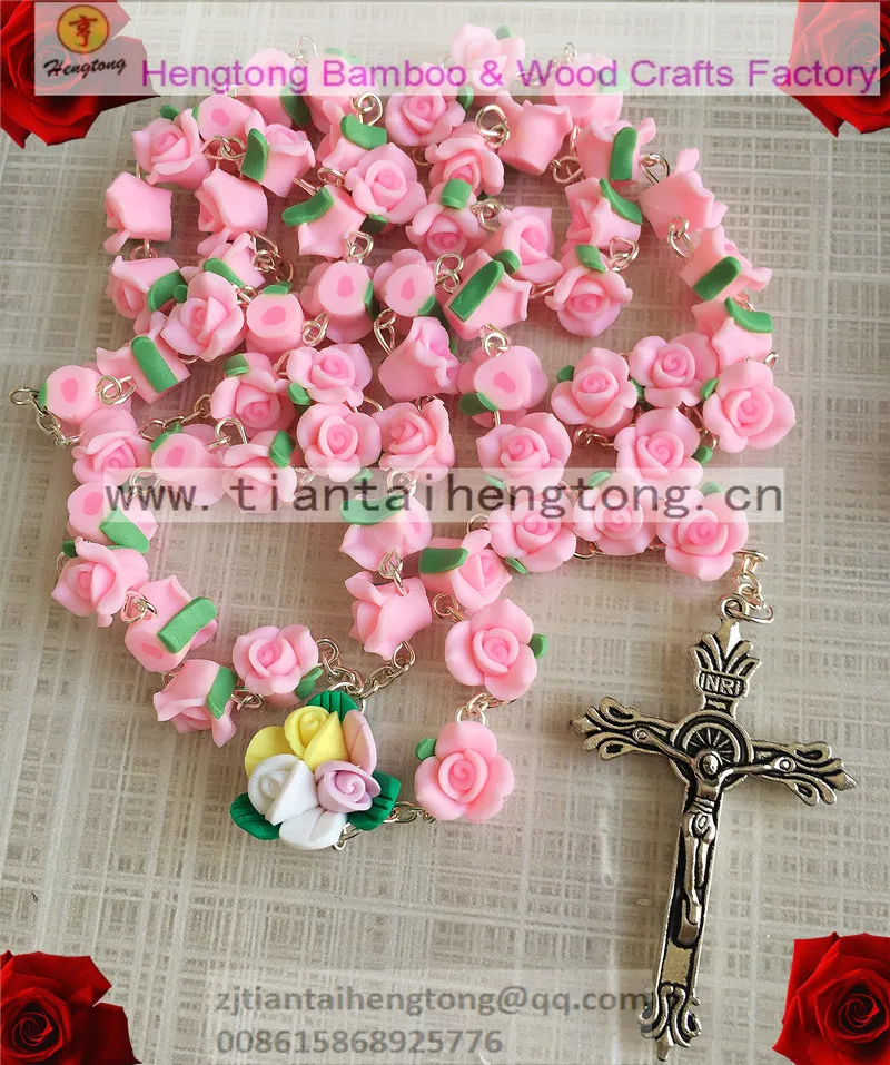 free shipping 1pcs/set  catholic Rosary necklace beautiful pink Soft Cerami beads rose rosary catholic crucifix Necklace N3618-7