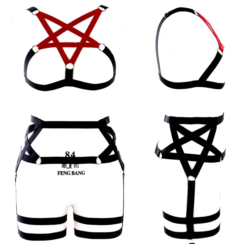 

Goth Pentagram Body Bondage Harness Set Elastic Adjust Back Size Lingerie Sexy Pentagram Garter Belt for Women Dance Rave Wear