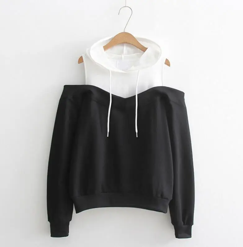 Sonbahar yeni moda askısız omuz sahte iki parçalı kapüşonlu sweatshirt kadınlar