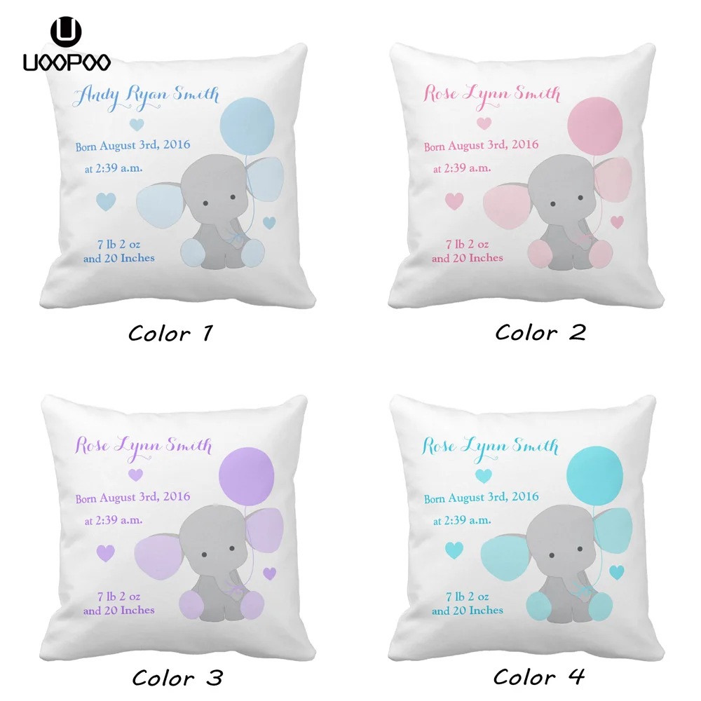 

Custom Kids Cushion Cover Cute Blue Pink Elephant Pillow Cover Square Polyester Children Pillow Case Boy and Girl Birth Stats