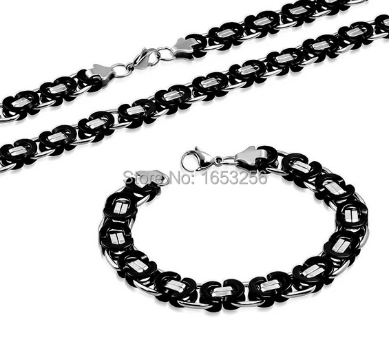 

5 set Lot Wholesale 8mm wide stainless steel black Flat Byzantine Chain Link necklace and bracelet Men Jewelry Set