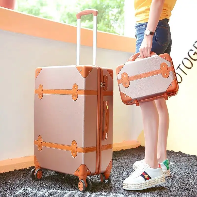 women hard retro pink rolling luggage set trolley baggage with cosmetic bag on wheels cute trolley suitcase travel bag for girls