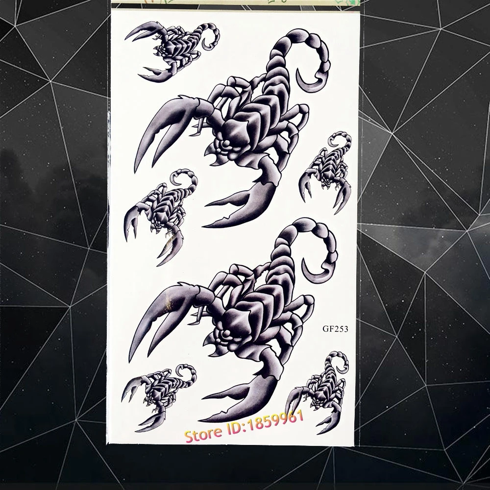 Tatuaje temporal 3D con diseño de rey Escorpión para niños y hombres, pegatinas metálicas con Flash falso, tatuaje azul y marrón, A3D-14, 1 pieza