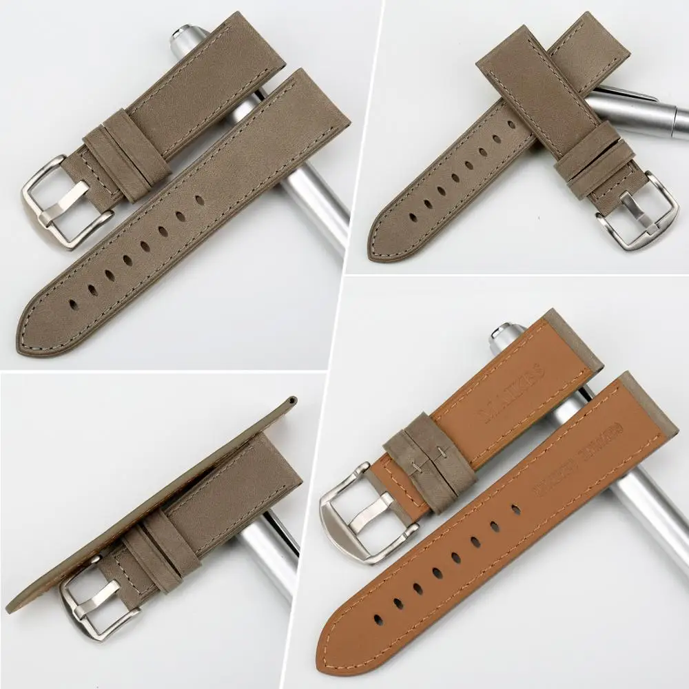 MAIKES Watch Accessories Genuine Cow Leather Watch Strap Watch Bracelets Soft Gray Watchband For Panerai 22mm 24mm Watch Band