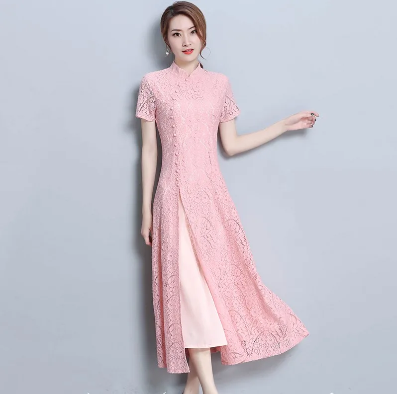 Summer Cheongsam Dress Lace Oriental Vietnam Ao dai Women Qipao Vintage Pink Chipao