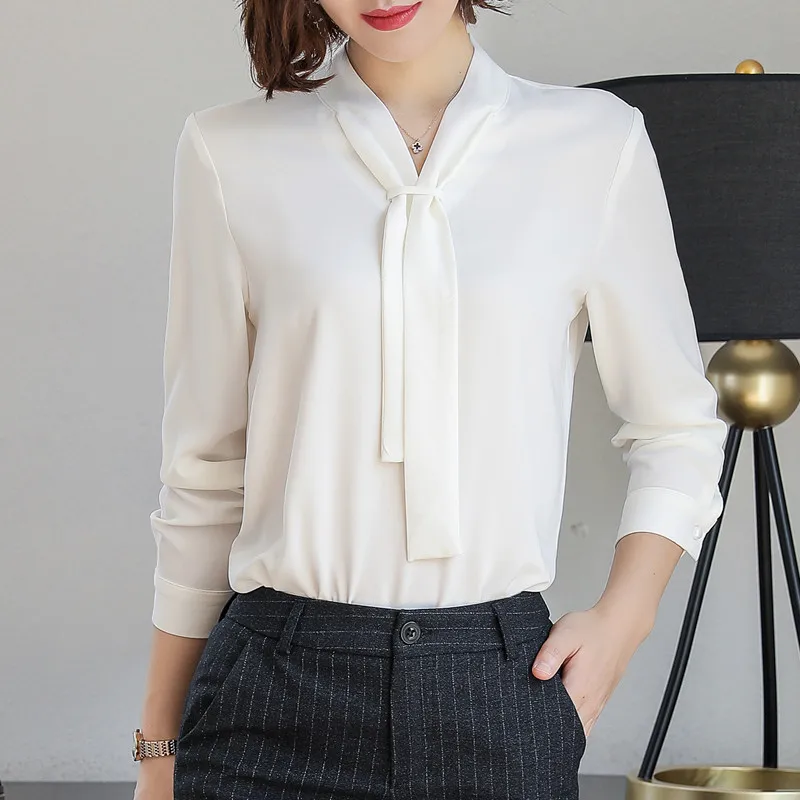 New Fashion Temperament Women Clothing Long Sleeve Blouses Formal Slim Tie Chiffon Shirt Office Ladies Tops Navy Blue Blusas