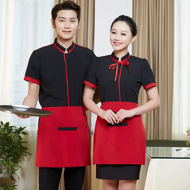 Free Shipping Hotel Waiter Workwear 2024 Summer Short Sleeve Tie Shirt+Apron Cheap Internet Bar BBQ Restaurant Staffs Uniform