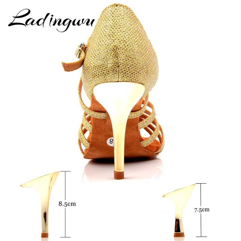 Ladingwu Women Ballroom Dance Shoes Golden Glitter Profession Latin Dance Shoes Latex Soft Bottom Salsa Shoes Dance Sandals