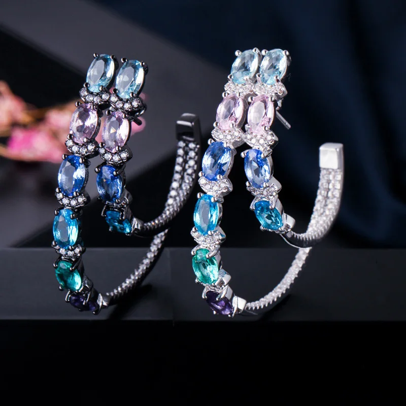 

ThreeGraces New Fashion Bohemian Multicolor Cubic Zirconia Large Double Hoop Earrings for Women Party Jewelry Accesories E1319