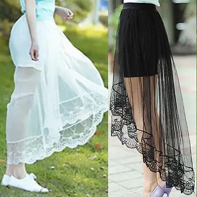 Women's Stretch Plain High Waist Skater  Lace Sexy summer Flared Pleated Skirt Maxi Black See-through