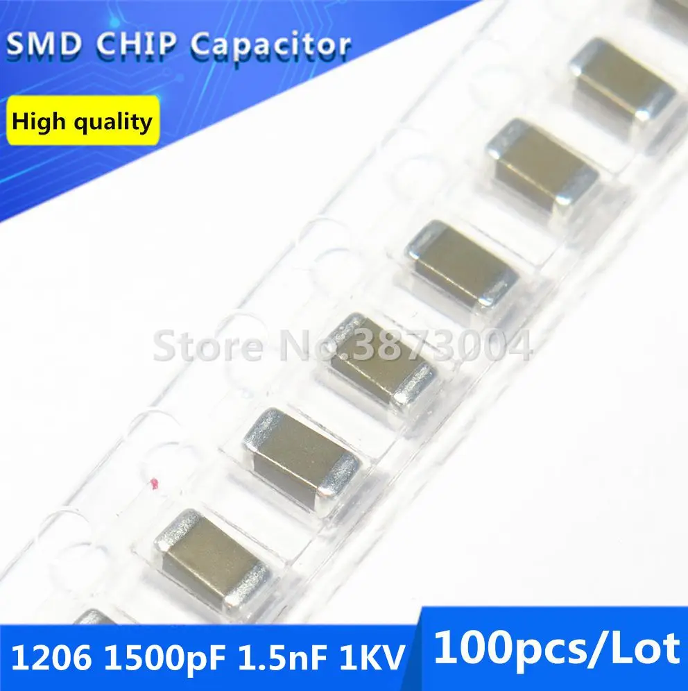 100pcs 1206 1500pF 1.5nF 1KV 10% Thick Film Chip Multilayer Ceramic Capacitor