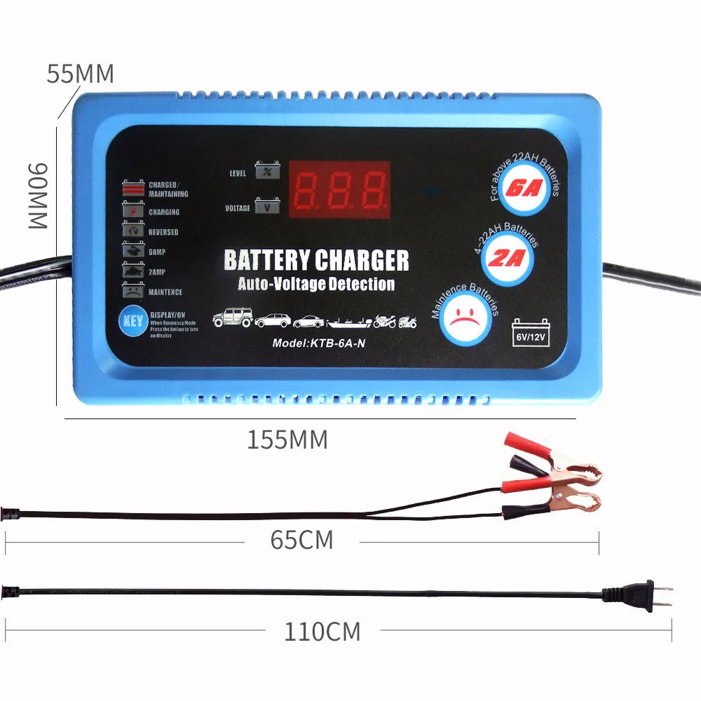 6V 2A 12V 6A Smart Car Battery Charger Rechargeable Lead Acid Battery Power Charge Tool EU Plug For 55AH 60AH 85AH 90AH 100AH