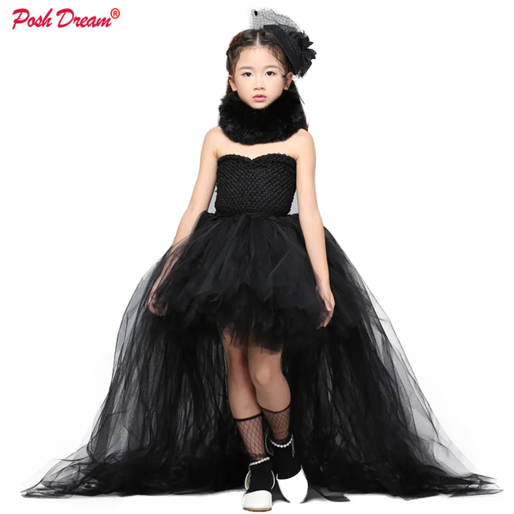 POSH DREAM czarne bez ramiączek dzieci dzieci ubrania imprezowe z pociągiem tiul Vintage czarny maluch dziecko kostium halloweenowy dla dziewczynki