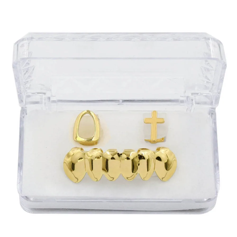 TOPGRILLZ Gold Silver Plated Hollow&Cross Single Top Hip Hop Grillz Classic Bottom Dental Grills Vampire Teeth for Costume Party