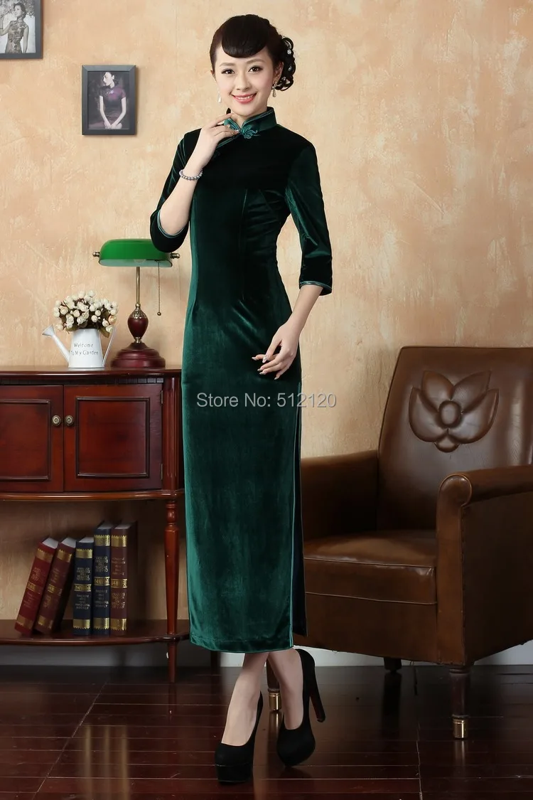 

Shanghai Story new sale Three Quarter sleeve long cheongsam vintage dresses Solid velet qipao Mandarin Collar Oriental Dress