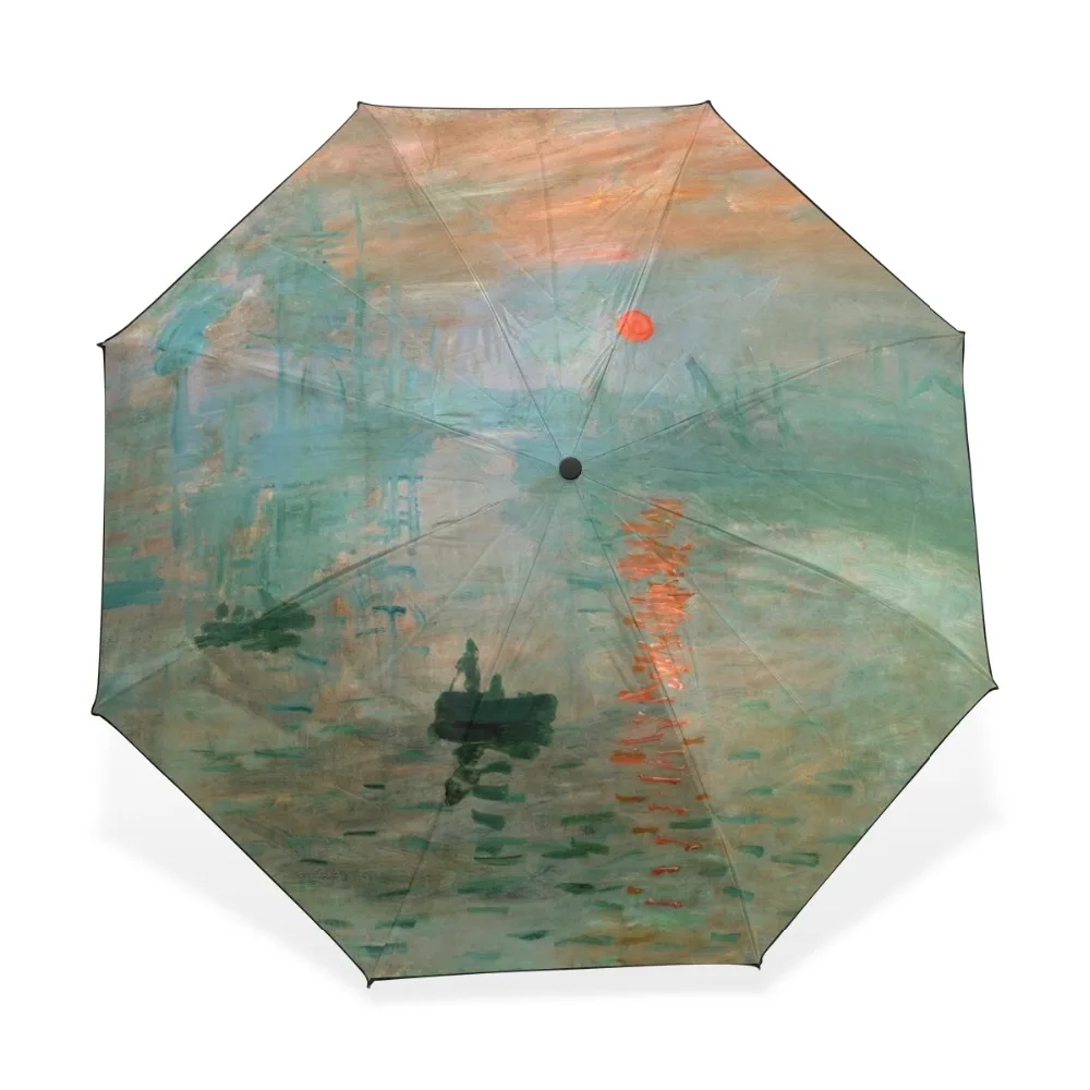 Monet Art Oil Painting Automatic Umbrella Rain Women Impression Sunrise Pattern Three Folding Umbrella Outdoor Travel Parasol