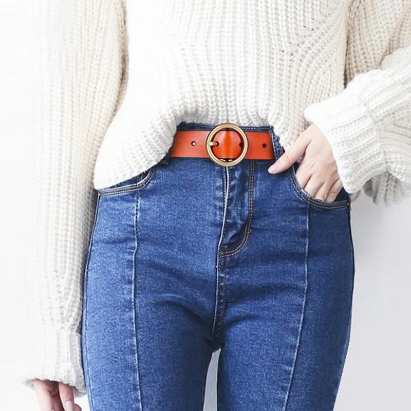 Zency Luxury Brand 100% Genuine Leather Women Belts High Quality Fashion Round Pin Buckle Waist Belt For Jeans Black White Brown