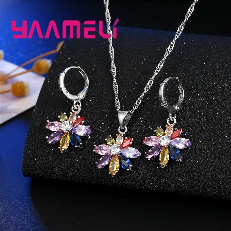 925 Sterling Silver Necklace Earrings Set Luxury Noble Style Colorful Flower Shape Valentine\'s Day Gift For Women