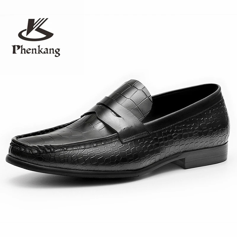 

Phenkang mens casual shoes genuine leather oxford shoes for men black loafers slip on leather brogues shoes