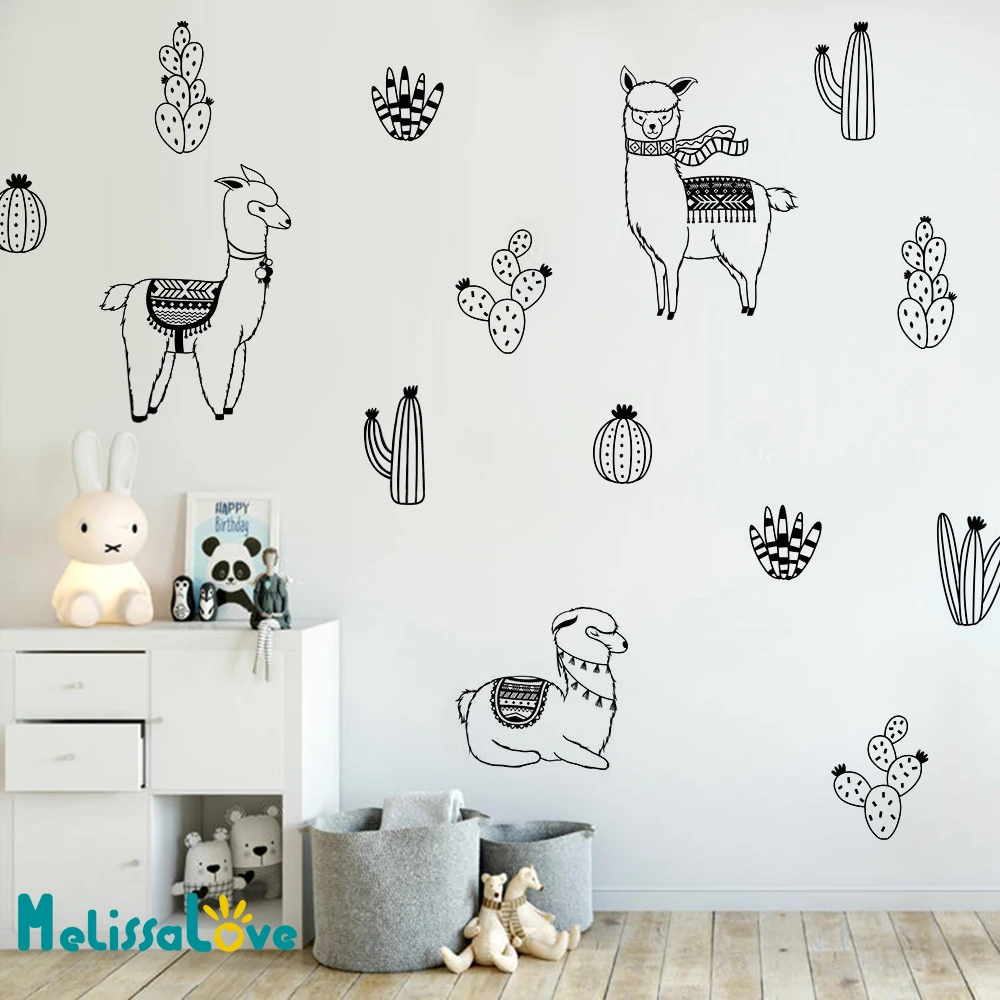 Alpacas and Cacti Wall Decals Kids Room DIY Stickers for Baby Room Removable Wall Sticker Llama Cute Animal Decoration JW302