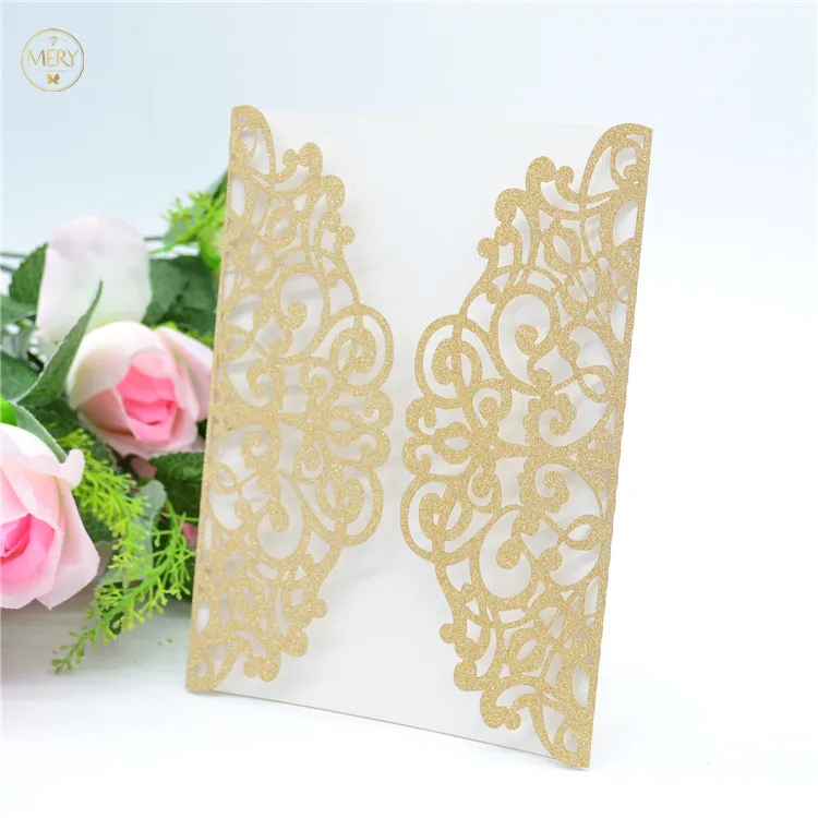 

Rose gold color laser cut glitter paper wedding luxury invitation card