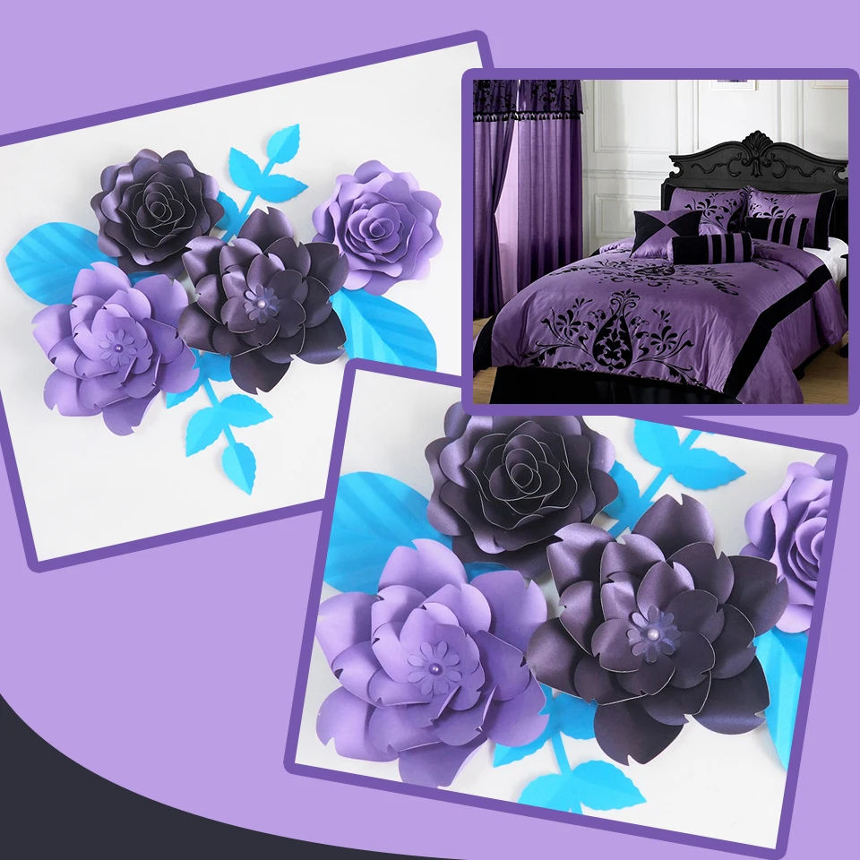 DIY Giant Paper Flowers Artificial Rose Fleurs Artificielles Backdrop 4pcs+ 4 Leave Wedding Party Decor Nursery Purple Series