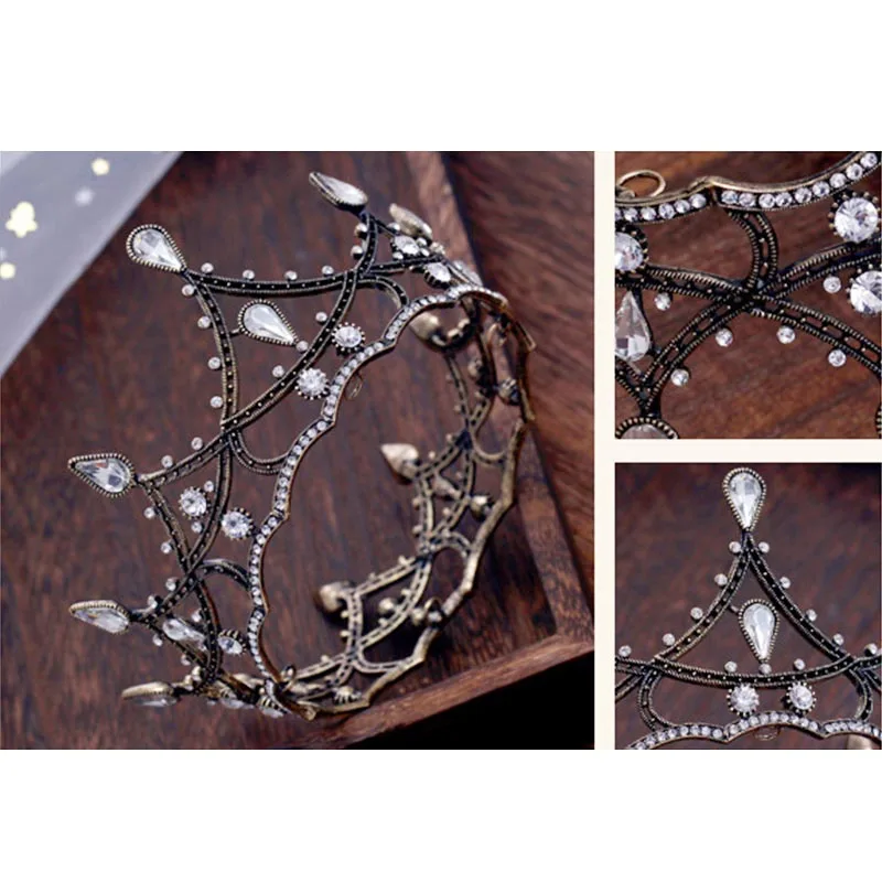 FORSEVEN Vintage Baroque Bridal Wedding Hair Accessories Black Rhinestone Crystal Tiaras Crown Bride Diadem Jewelry for Women BH