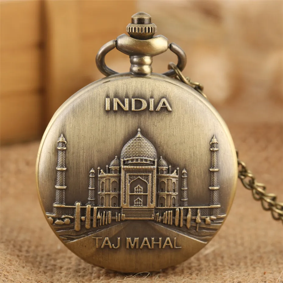 India Taj Mahal Display Bronze Exquisite Pocket Watch Quartz Necklace Pendant Clock Full Hunter with Fob Chain Souvenir Item