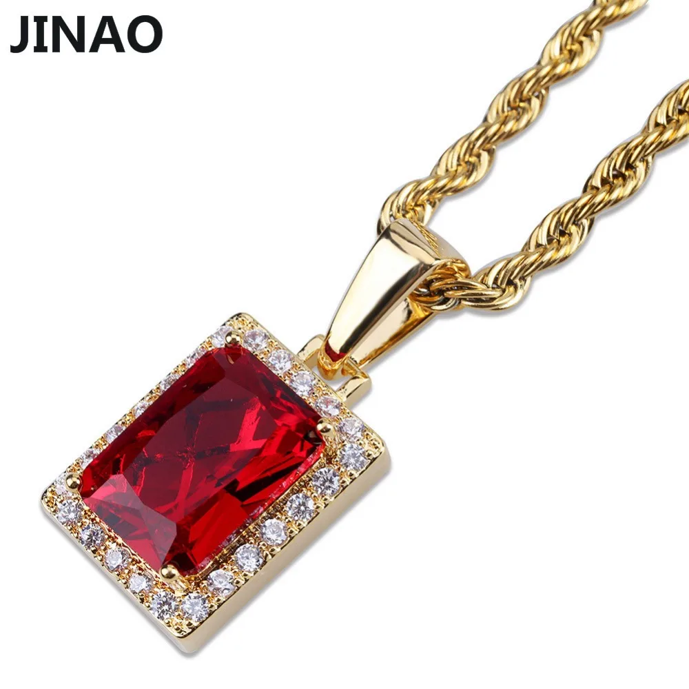 JINAO The Square Red White Crystal Pendant With Chain Gold Silver Color Iced Out CZ Paved Charm Jewelry For Gift