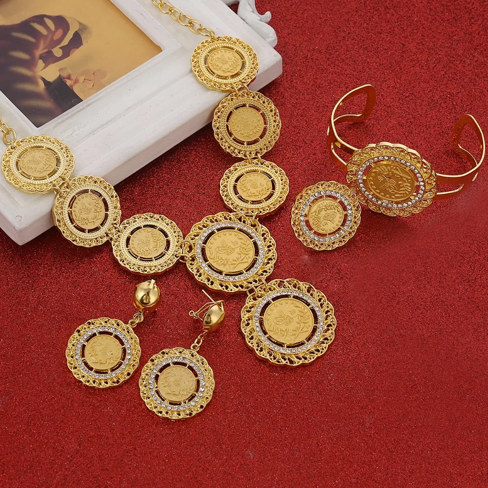 Necklace Earrings Ring Bangle Big Coin Jewelry Sets Gold Color Turkey Coins Arab Gifts Turks Africa Party
