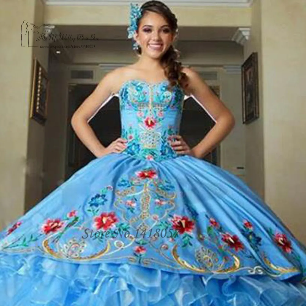 Vestidos de escarista Para 15 años, quinceañera azul real, bordado, volantes de Organza hinchados, dulce vestido de baile de máscaras 16