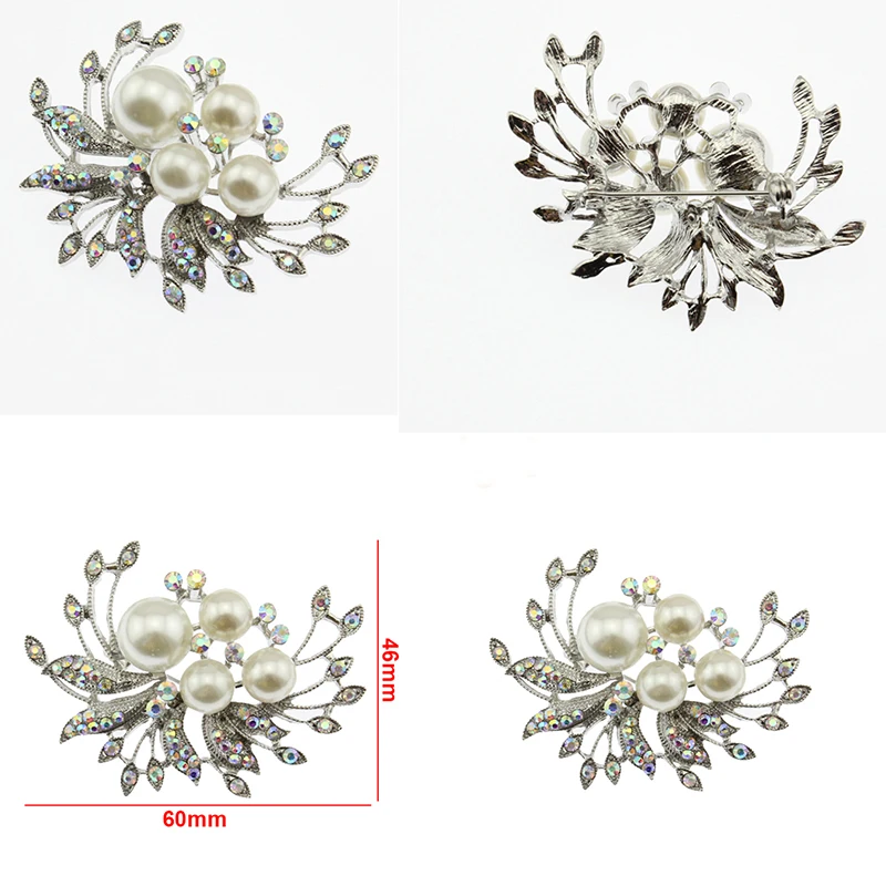 100pcs silver plated metal acrylic decorative rhinestone with pearl flower wedding brooch pin