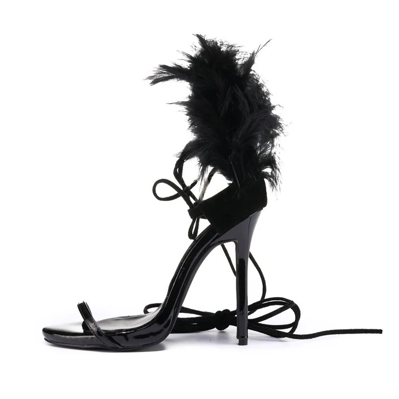 

Summer Ladies Black Feather Fur Decor Catwalk Sandals Women Open Toe Party Sandals Ankle Strap Sexy Ladies Lace Up High Heels