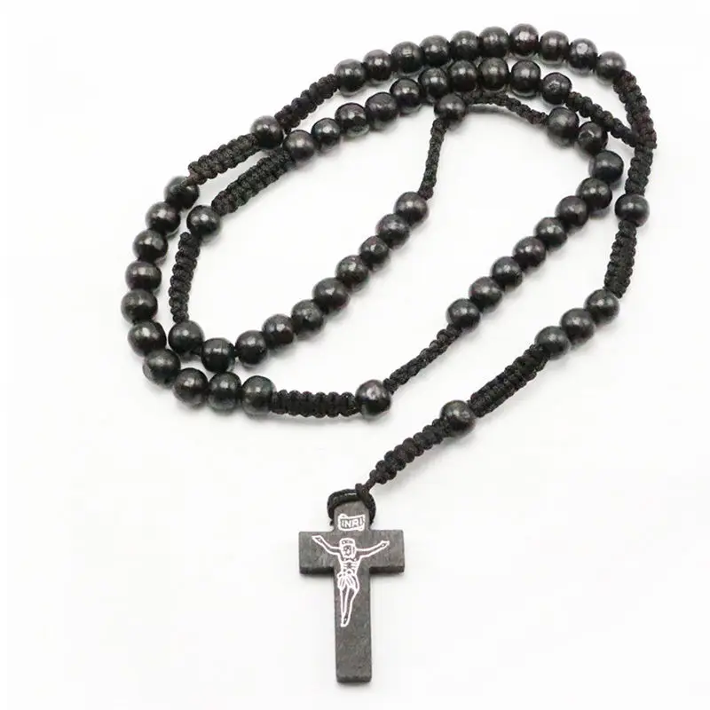 OPPOHERE Men Women Christ Wooden Beads 8mm Rosary Bead Cross Pendant Woven Rope Chain Necklace Jewelry Accessories