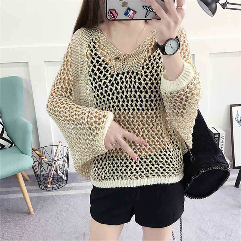 Casual Loose Korean Style Women Tops Hollow O-neck Long Sleeve Jumper Ladies Pullover Casual Casual Female Knit Sweater