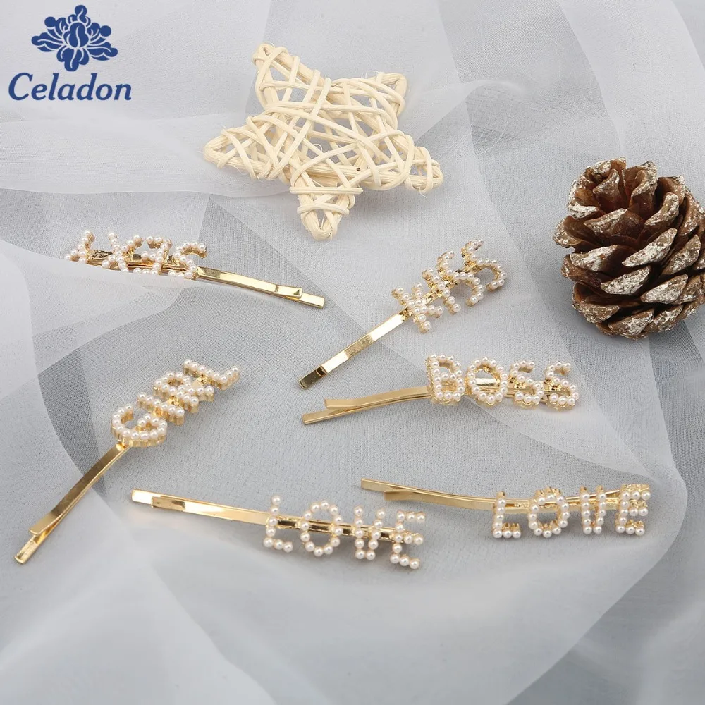 Fashion Imitation Pearl Hollow English Letter Hairpin Girl Clip Bangs Word Clips Hair Accessories