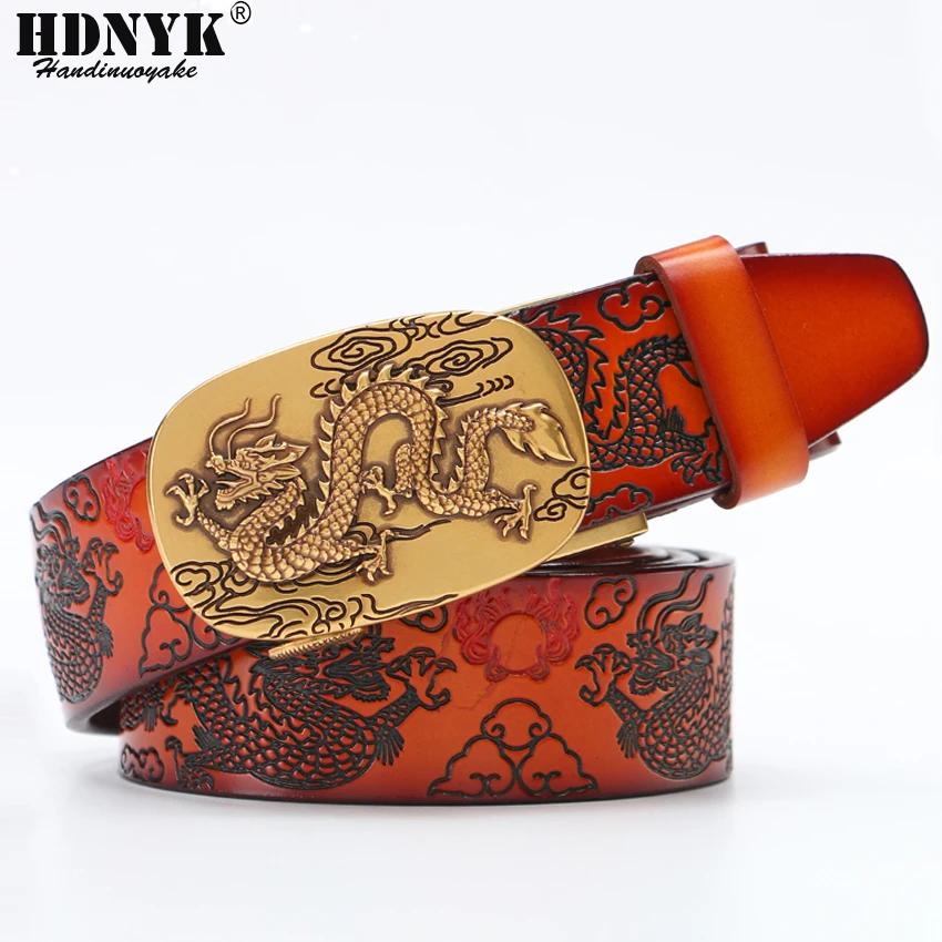 Hot China Dragon Designer Belt Men Cowskin Genuine Luxury Leather Men\'s Belts for Men Carving Dragon Pattern Automatic Buckle