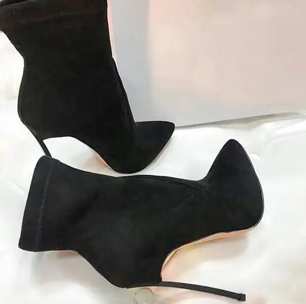 

Newest Faux Black Suede Leather Women Pointy Toe Ankle Boots Sexy High Heel Boots Slip On Stretch Boots Stiletto Boots 10CM