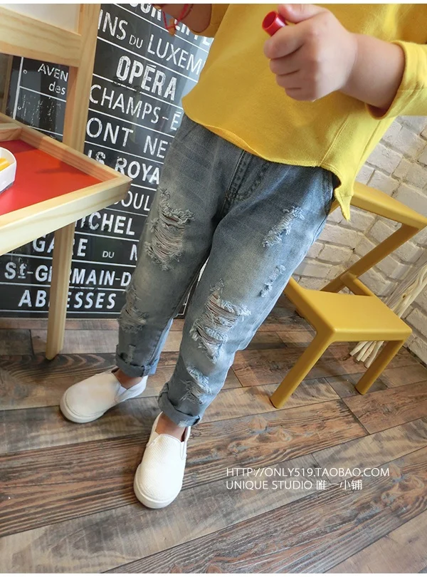 Spring Autumn Girls Ripped Jeans Spring Summer Korean Style Trend Denim Trousers for Boys Children Distrressed Hole Pants