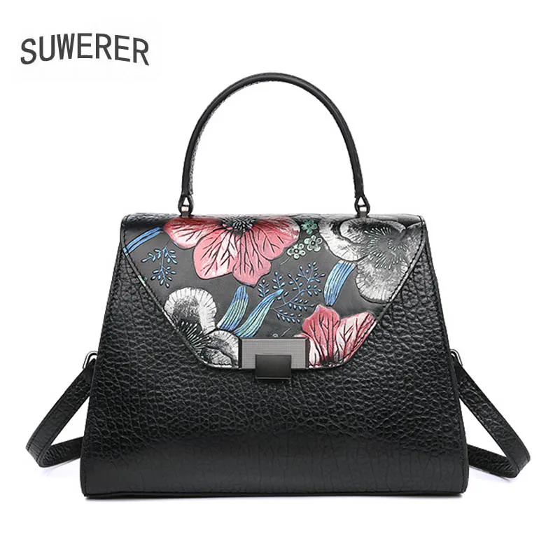 

New women bag Superior cowhide women Genuine Leather bags fashion Embossing flower bag designer women leather shoulder bag