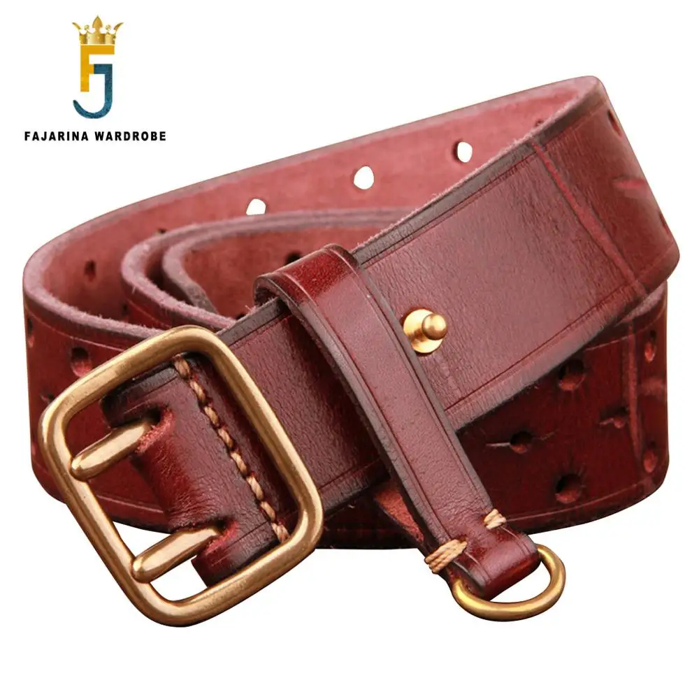 FAJARINA 2018 Unisex Brass Double Pins Buckle Female Retro Belt Top Quality 100% Cowhide Leather Belts for Couples Jeans FJ18012