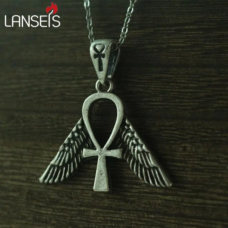 lanseis 10pcs Egyptian Jewelry, Freedom Ankh Symbol men Pendant women necklace Stainless steel chain