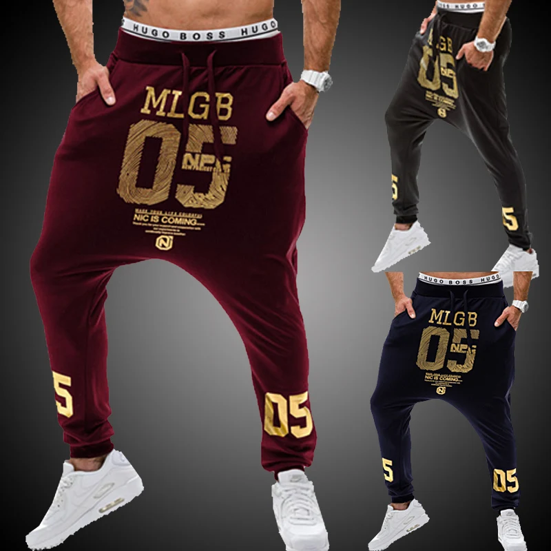 Trend men's clothing bronzing print hiphop hip-hop low-rise pants health pants casual long trousers