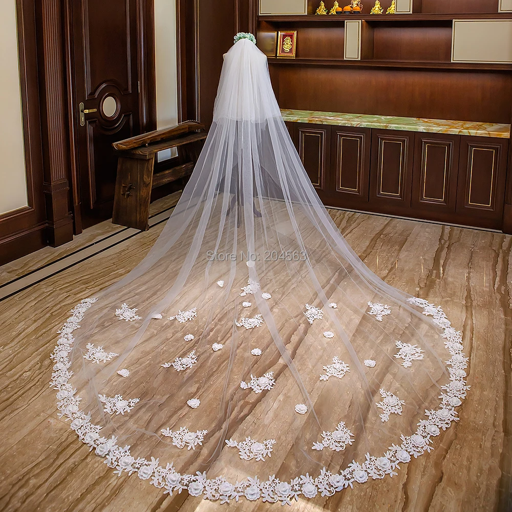 Two-Layer Lace Wedding Veil with Flowers Stunning Long Bridal Veils with Comb AX2019