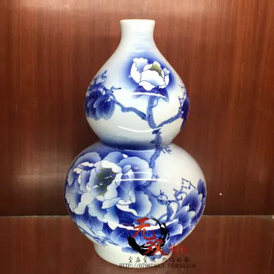 Package mail jingdezhen chinaware bottle gourd peony famous Wu Wenhan hand-painted blue and white porcelain vase