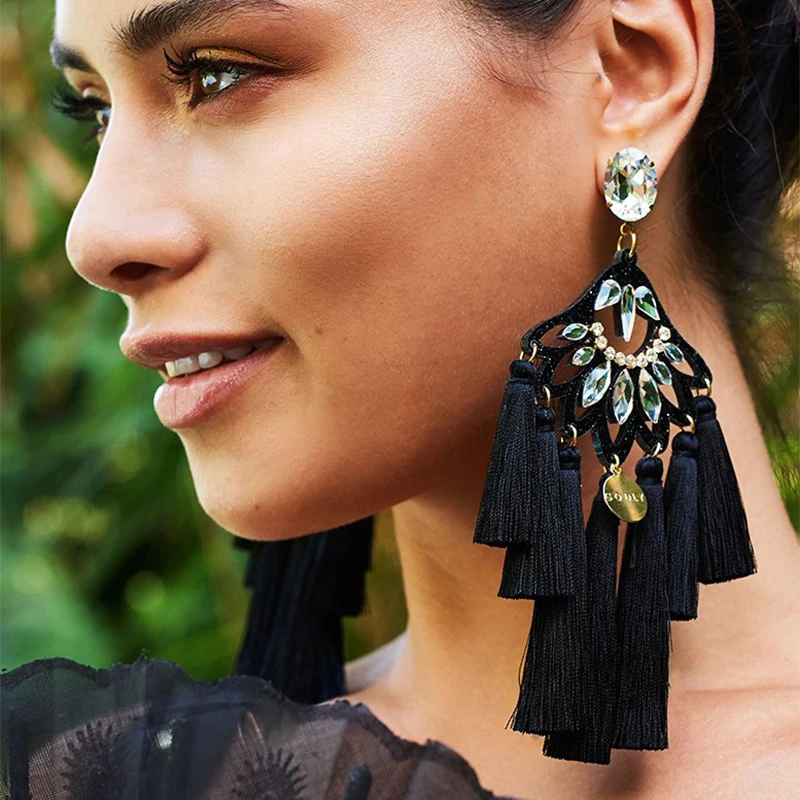 FASHIONSNOOPS Tassel Earrings for Women Crystal Beads Handmade Ethnic Long Dangle Charms Wedding Oorbellen Acessorios Earings