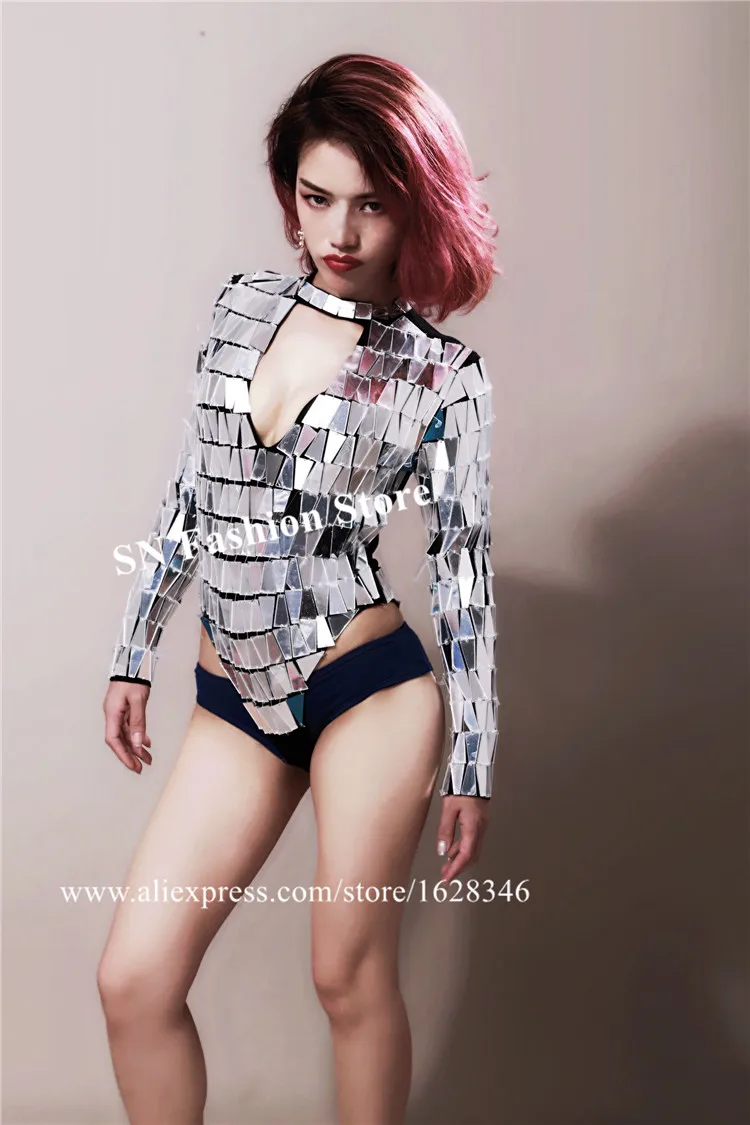 P59 High fork long sleeve female bodysuit pole dance dress silver mirror stage wears outfit bar perform singer clothe disco show