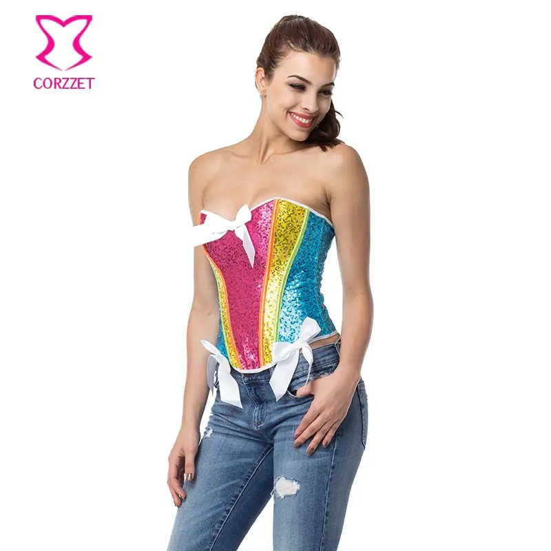 Cầu vồng Sequin Overbust Corset Top Bustier Mujer Phụ Nữ Burlesque Quần Áo Rave Sexy Áo Nịt Ngực Espartilho Unicorn Trang Phục Cái Yếm Của Côn Trùng