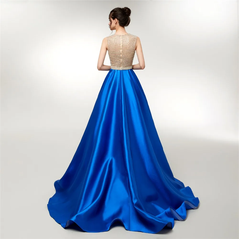 JaneVini – robe de bal de luxe en Satin bleu, ligne A longue, décolleté en V profond, sans manches, perles lourdes, dos transparent, Sexy, 2019